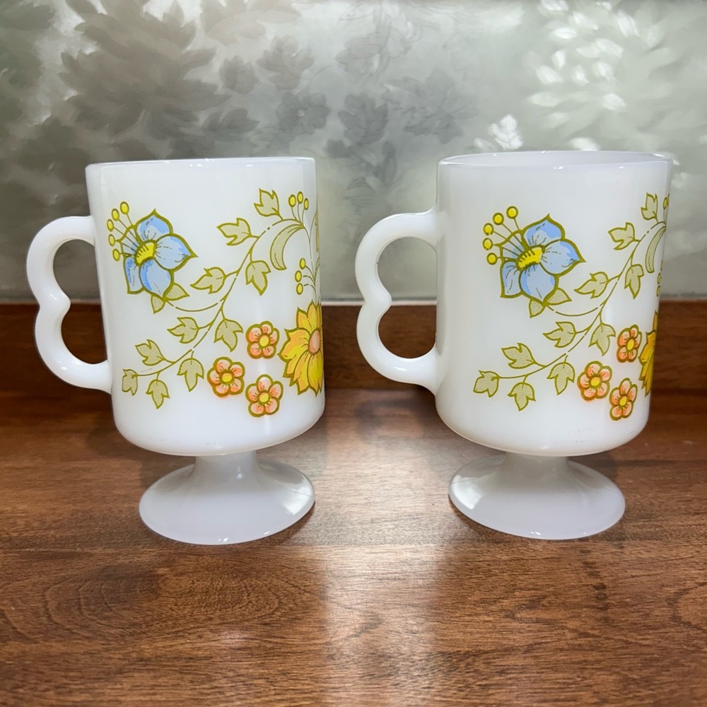 Vintage Pedestal Milk Glass Footed Mugs - Flowers - Set of 2